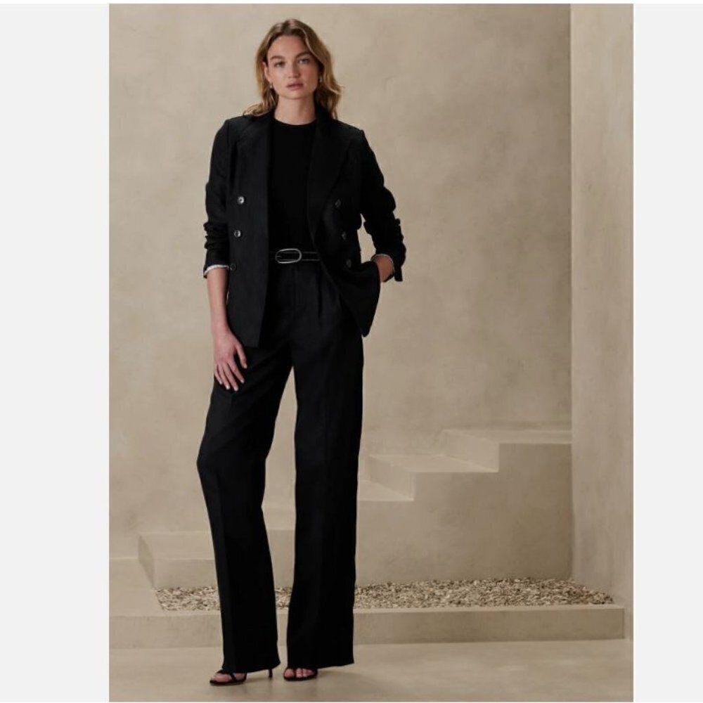 Banana Republic High-Rise Palma Straight 100% Linen Size 14 Black Pants RT$130